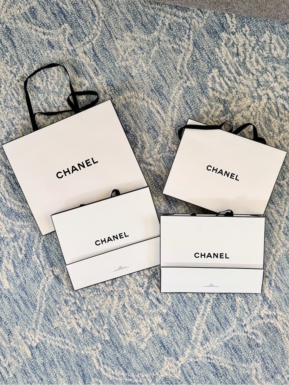 CHANEL White and Black Logo Shopping Bags